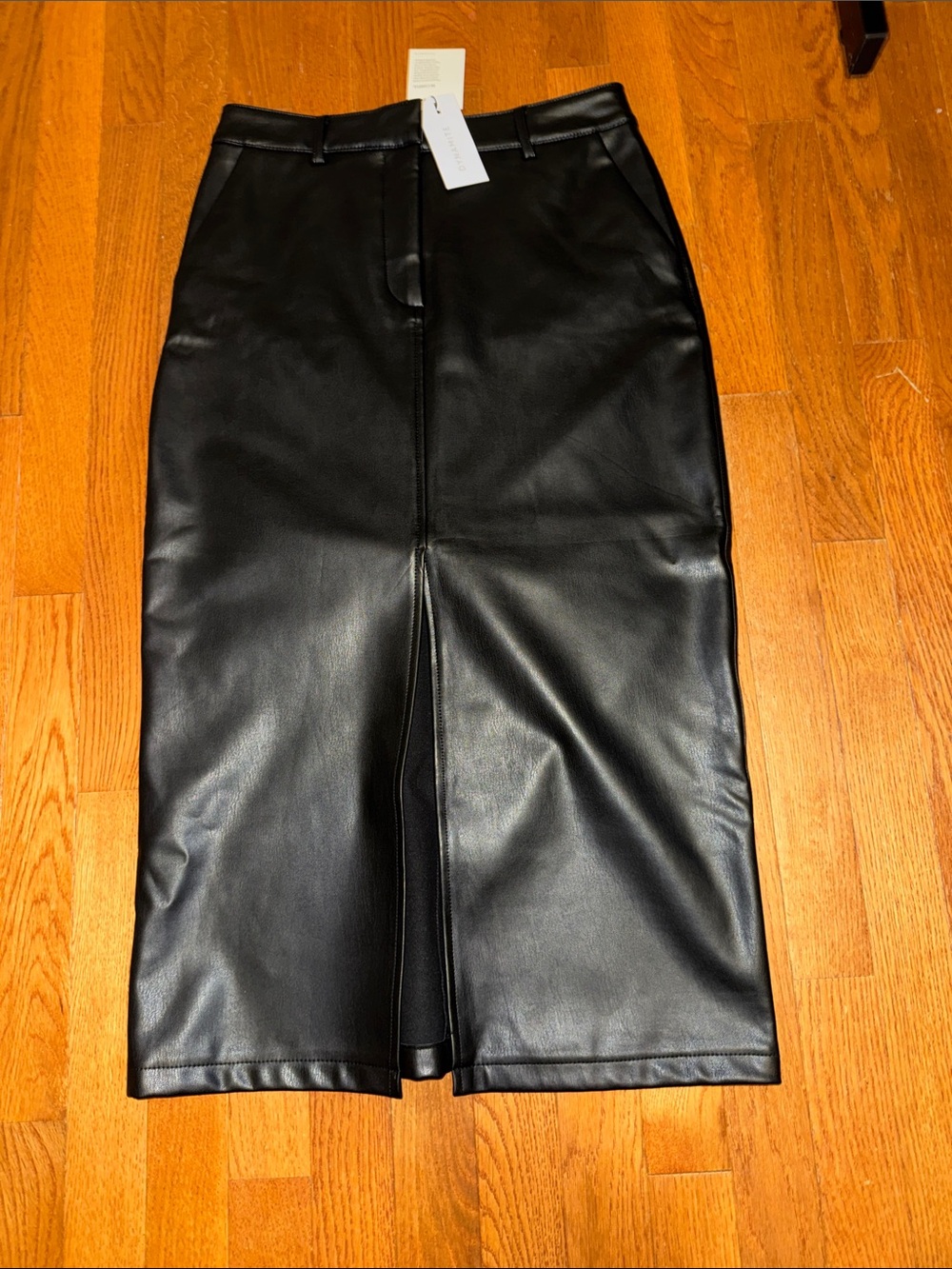 Dynamite Black Faux Leather Midi Pencil Skirt with Front Slit